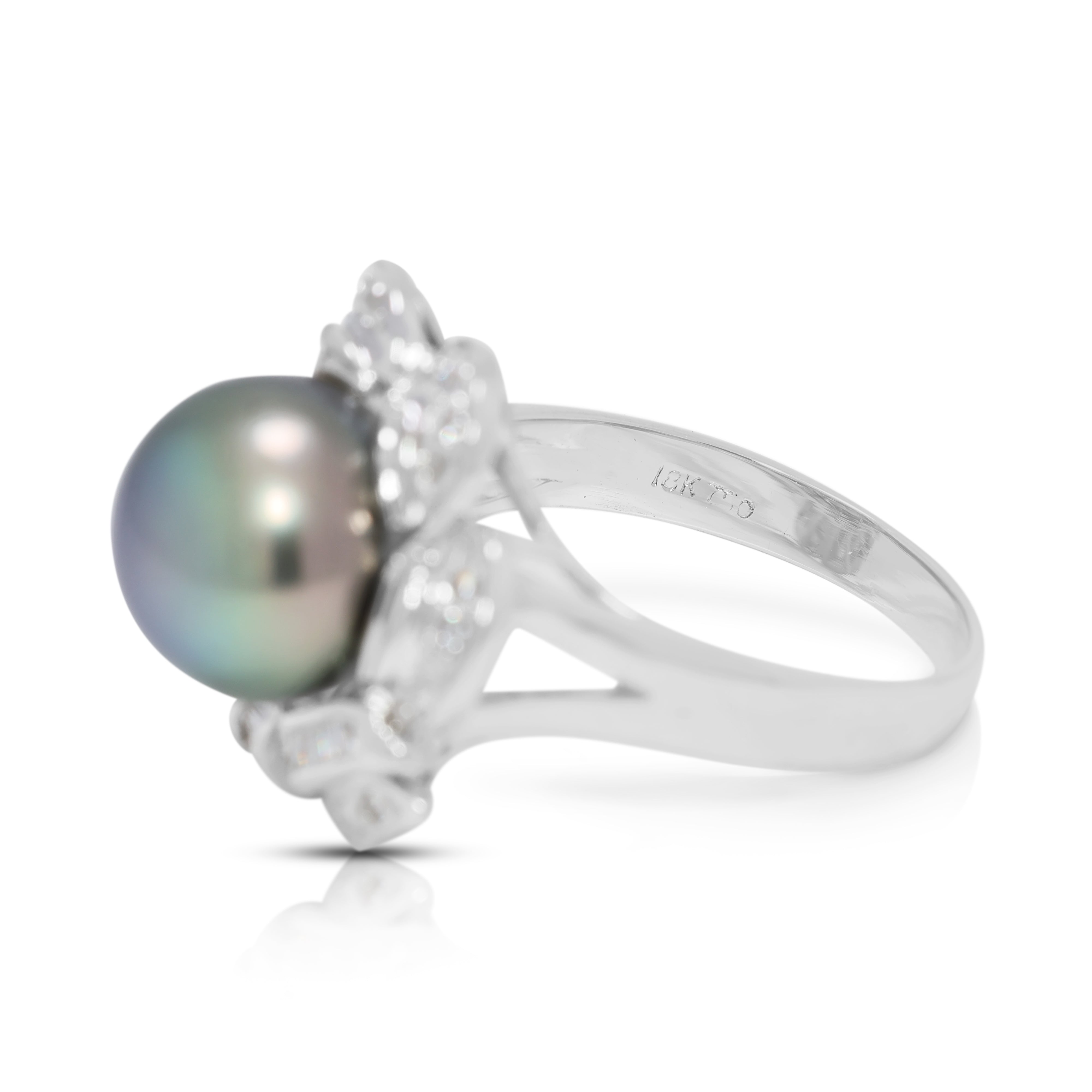 Floral-Inspired Tahitian Pearl & 0.43ct Natural Diamond Ring in 18K White Gold (New)
