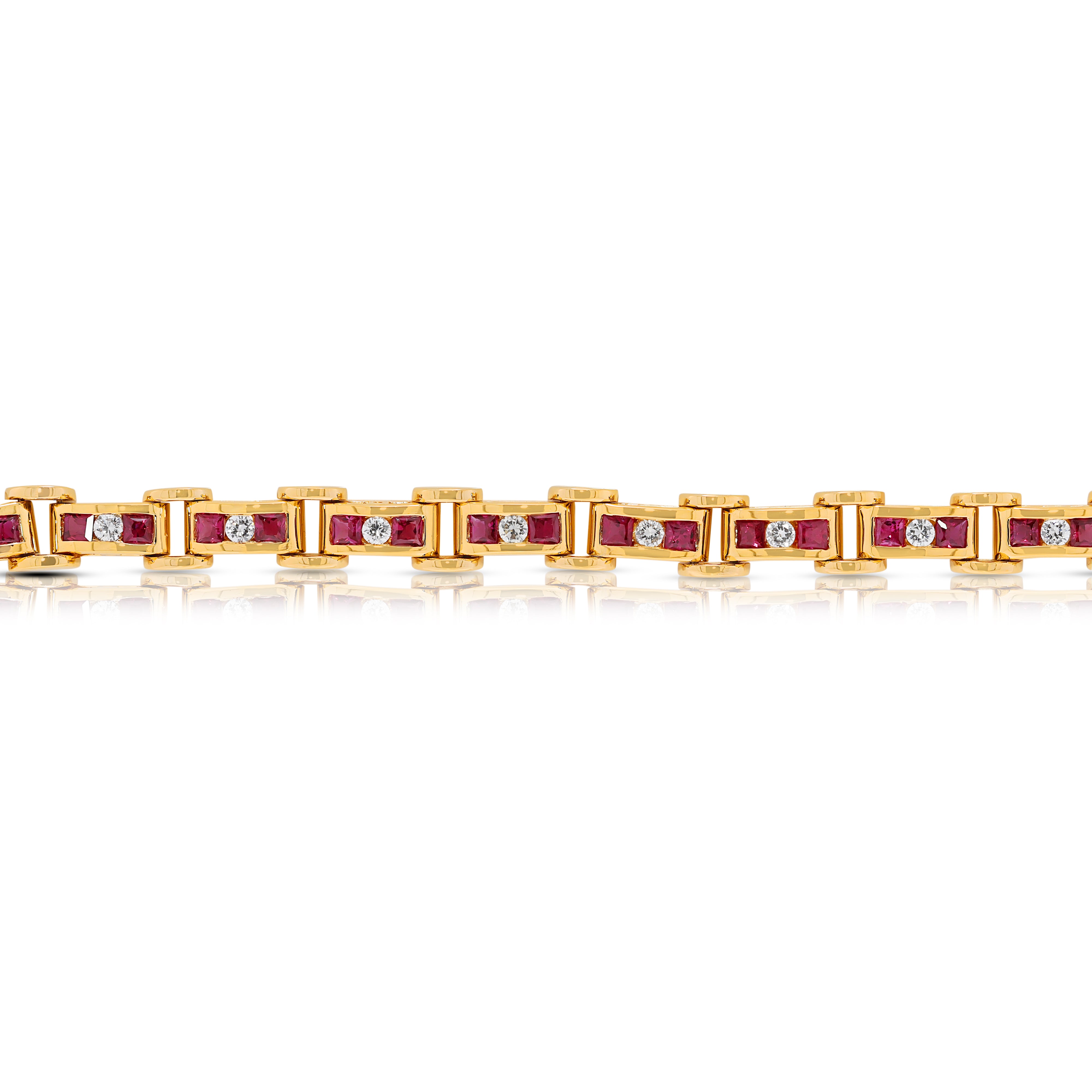 Luxurious 3.6ct Ruby & Natural Diamond Link Bracelet in 14K Yellow Gold