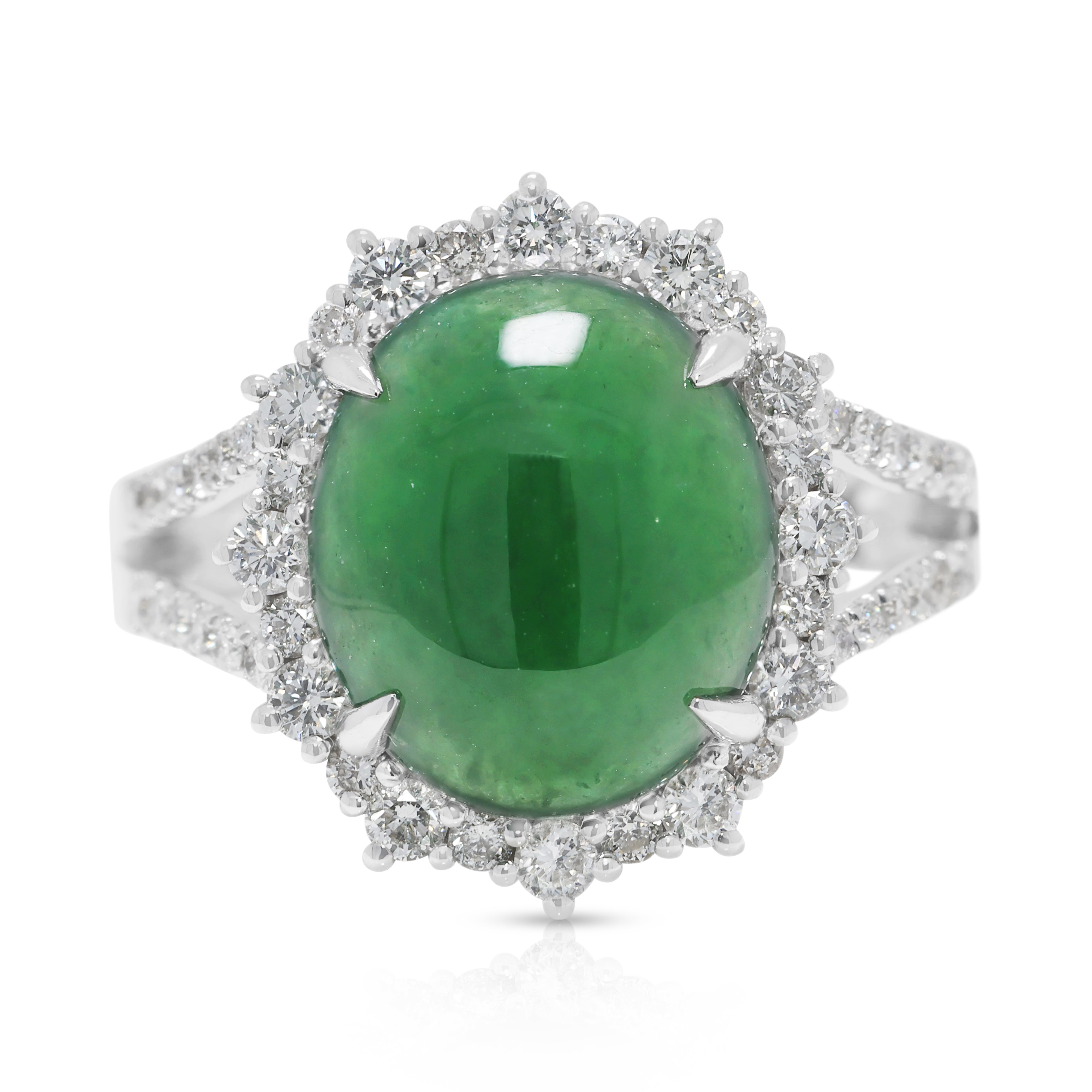 Exquisite 0.48ct Natural Diamond & Jade 18K White Gold Ring - NGI Certified