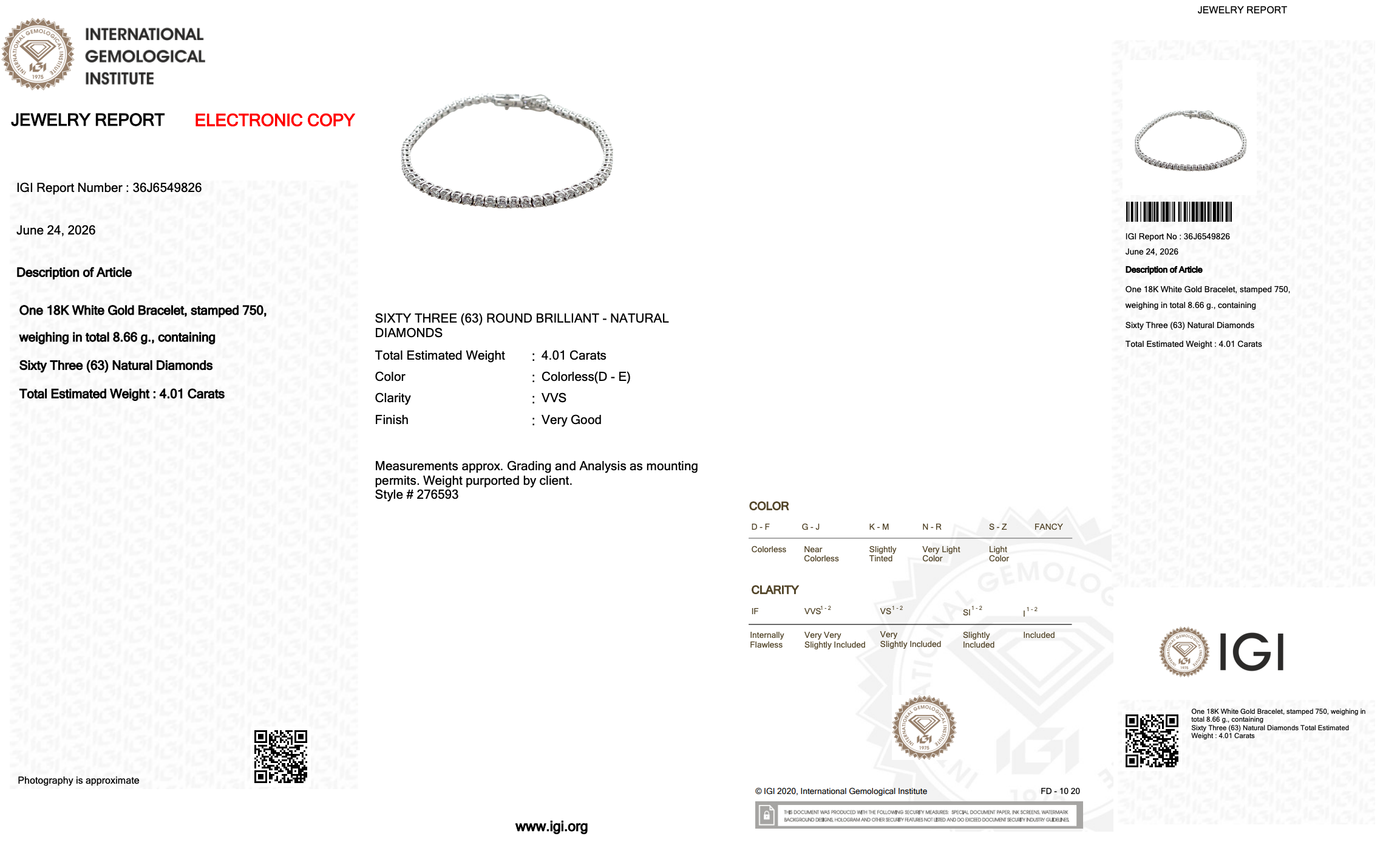 4.01 Carats IGI Certified Natural Diamonds 18k White Gold Tennis Bracelet
