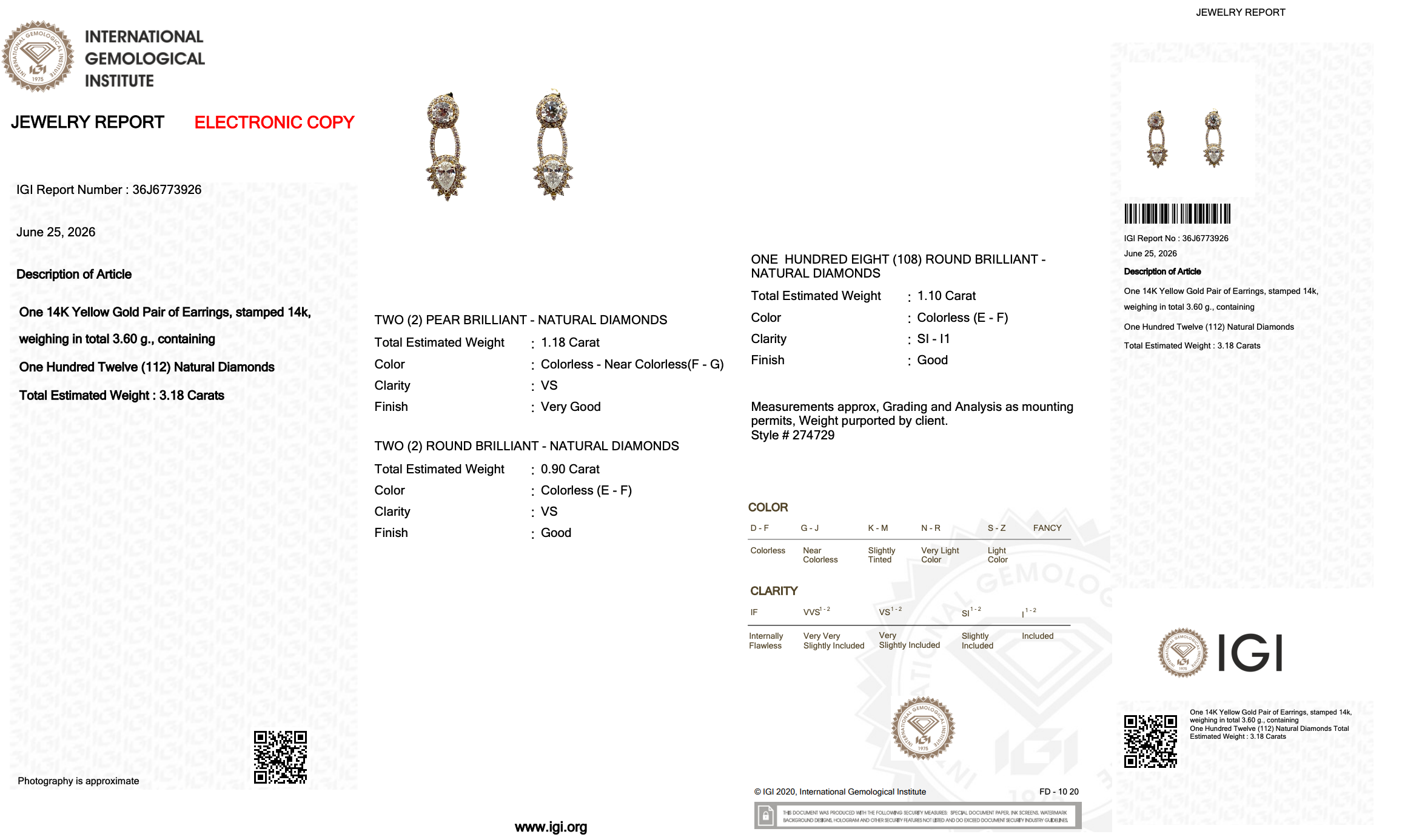 3.18 Carats IGI Certified Natural Diamonds 14k Yellow Gold Earrings