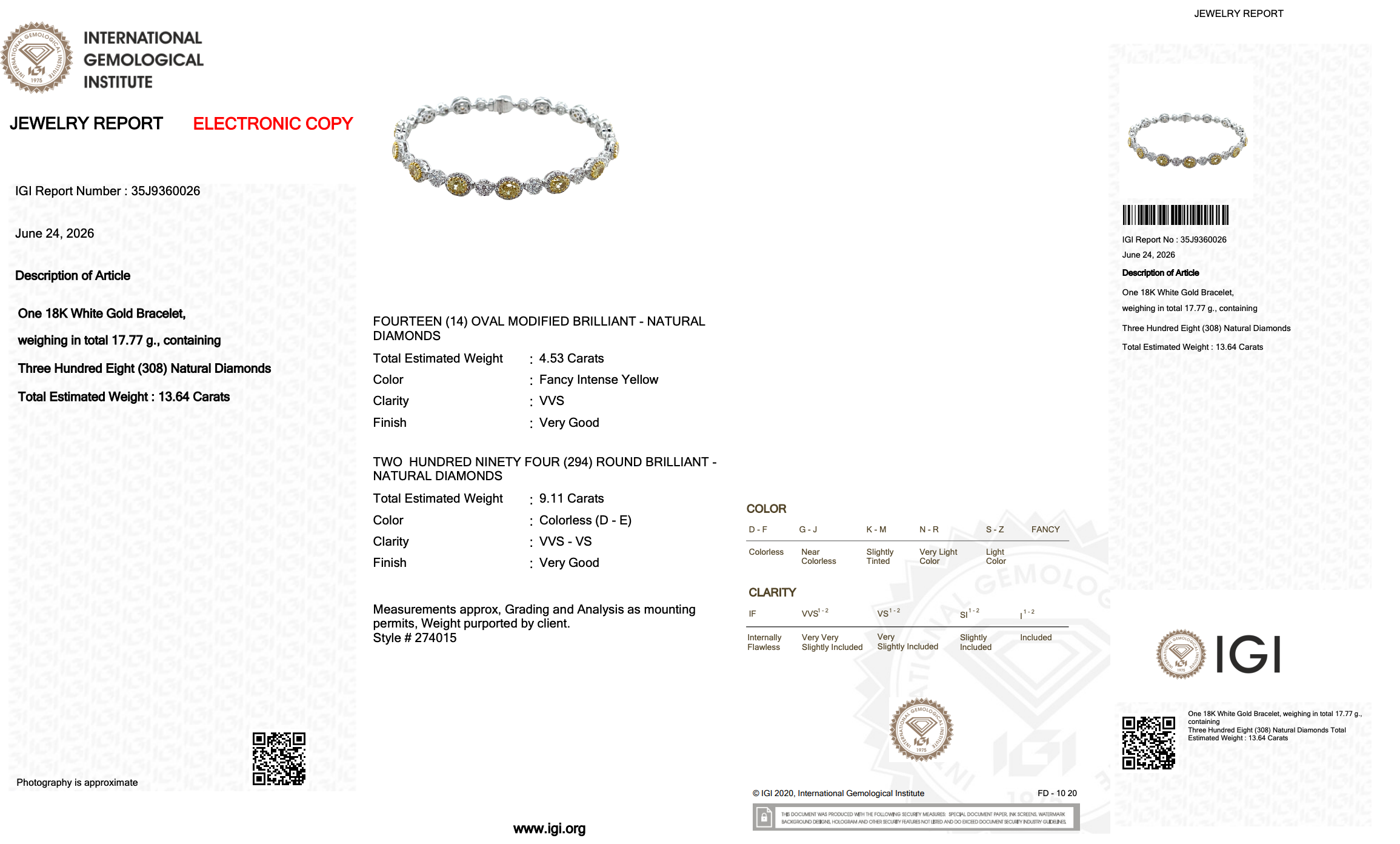 13.64 Carats IGI Certified Natural Diamonds 18k White Gold Bracelet
