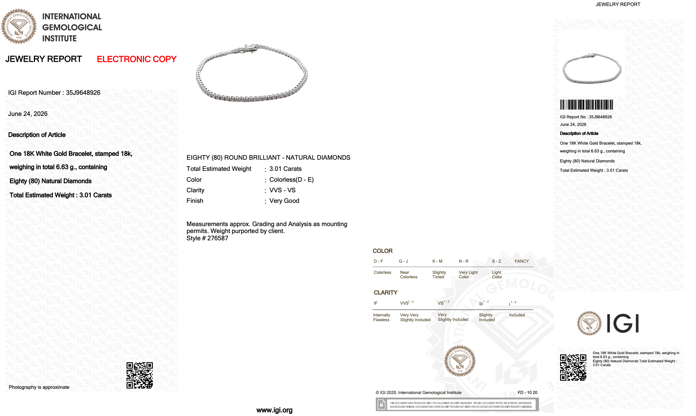 3.01 Carats IGI Certified Natural Diamonds 18k White Gold Tennis Bracelet