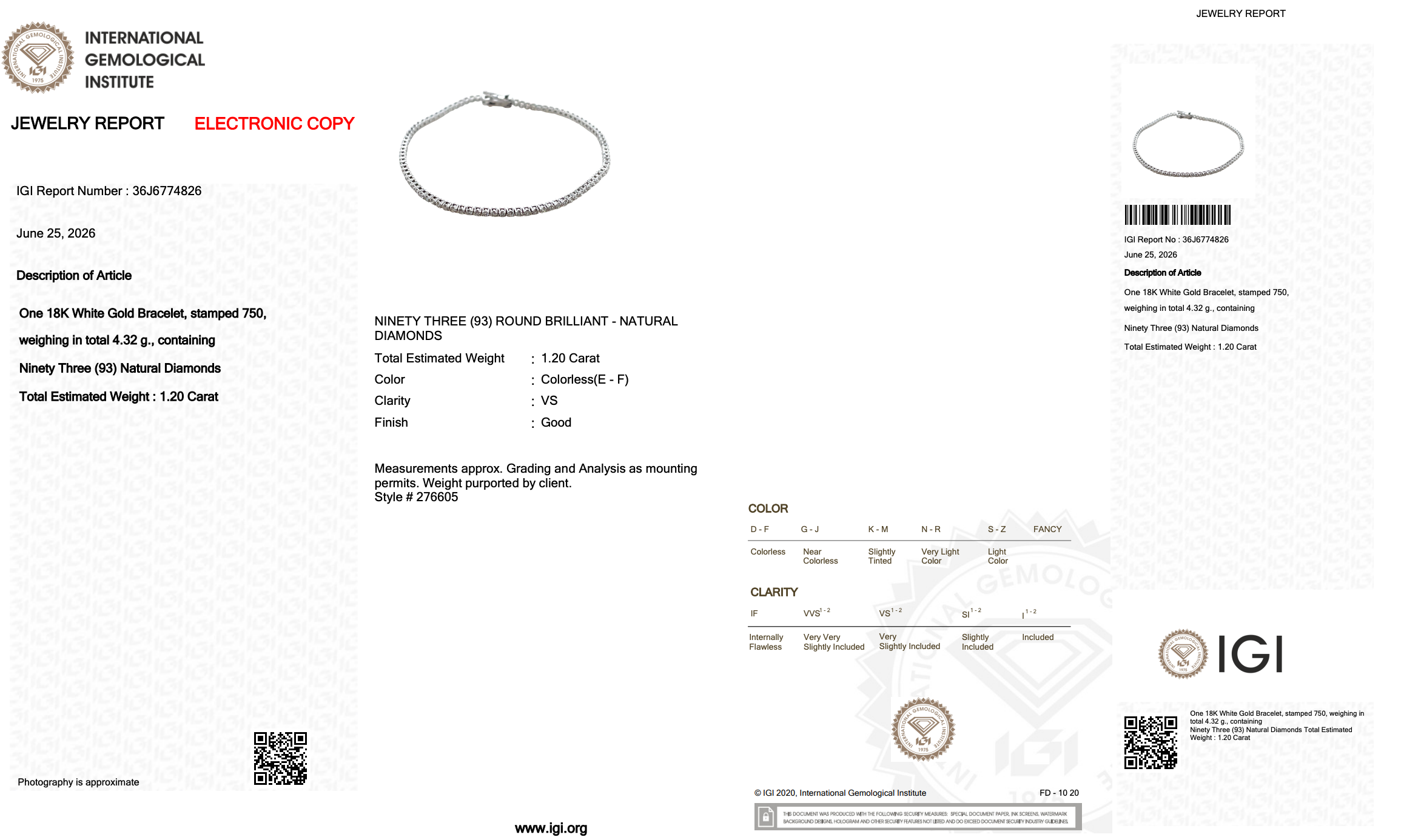 1.20 Carats IGI Certified Natural Diamonds 18k White Gold Tennis Bracelet