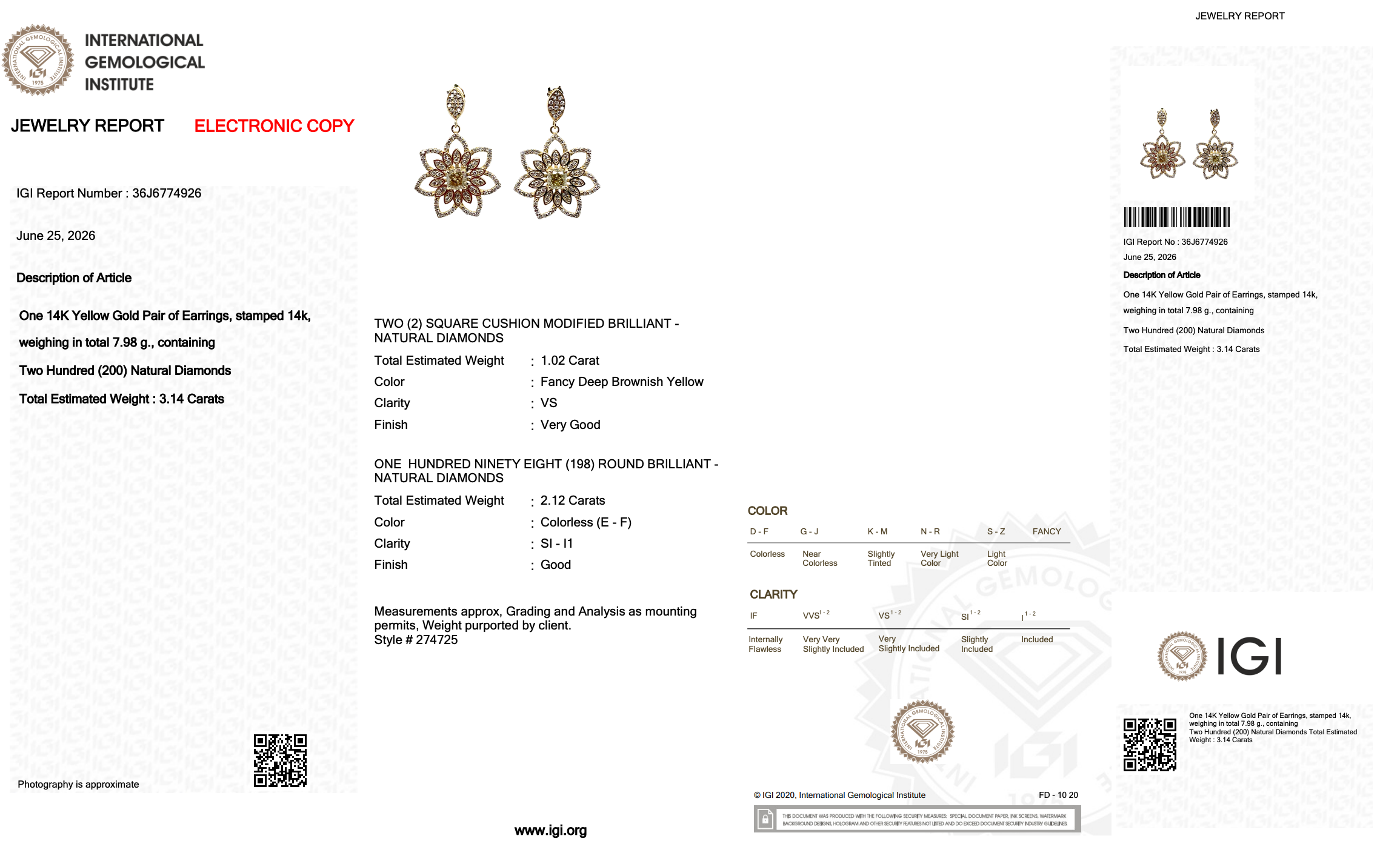 3.14 Carats IGI Certified Natural Diamonds 14k Yellow Gold Drop Earrings