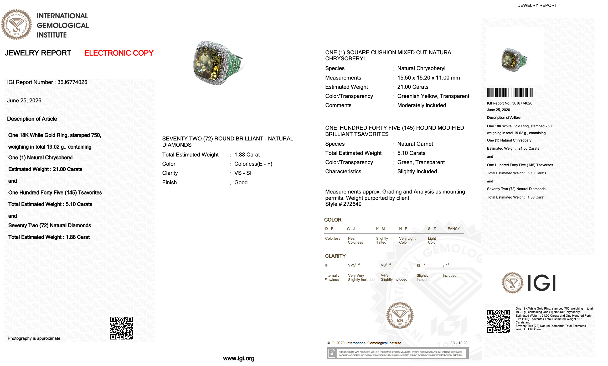 27.98 Carats IGI Certified Chrysoberyl, Tsavorites, and Diamonds 18k White Gold Cocktail Ring