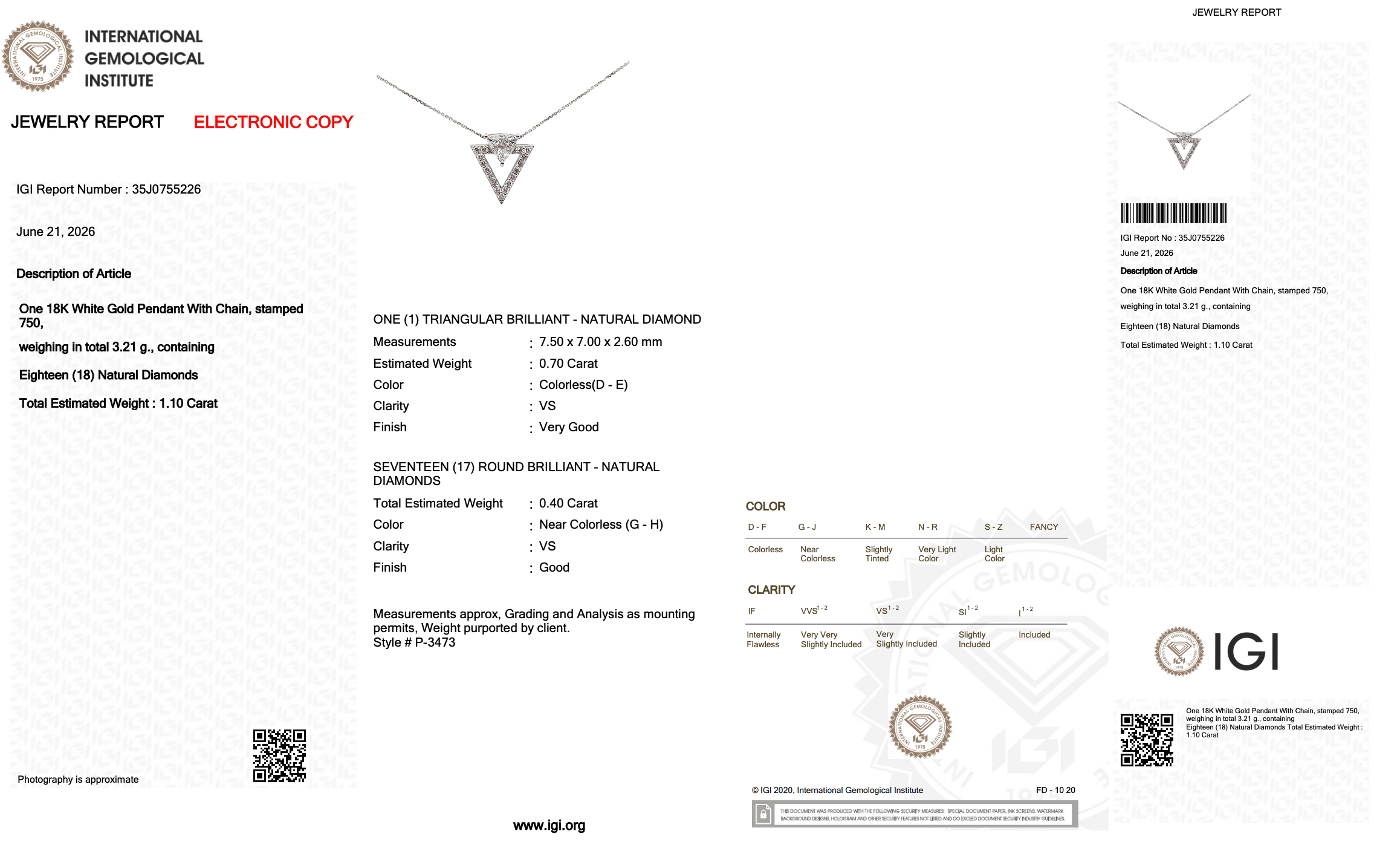 1.10 Carats IGI Certified Natural Diamonds 18k White Gold Necklace With Pendant