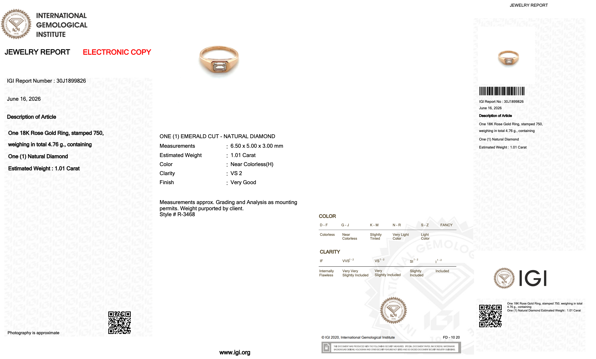1.01 Carat IGI Certified Natural Diamond 18k Rose Gold Solitaire Ring