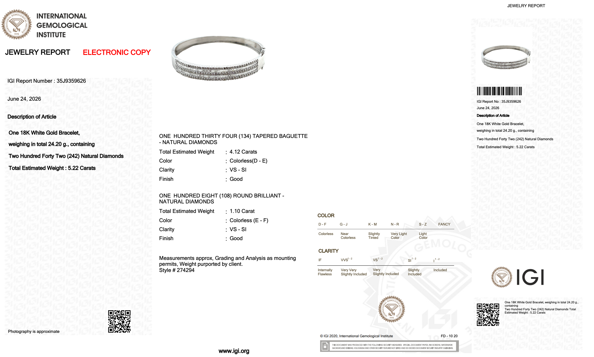 5.22 Carats IGI Certified Natural Diamonds 18k White Gold Bangle