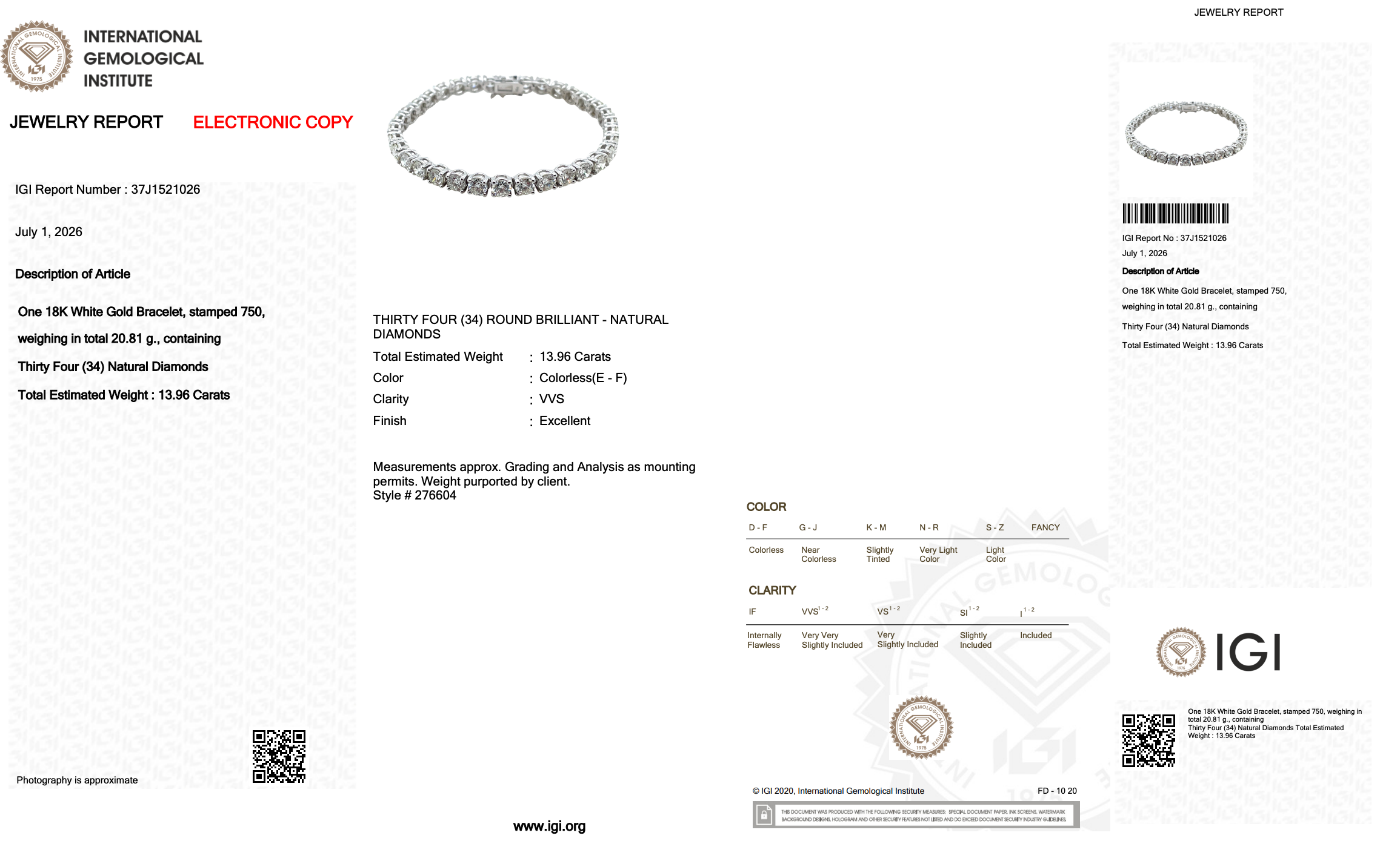 13.96 Carats IGI Certified Natural Diamonds 18k White Gold Tennis Bracelet