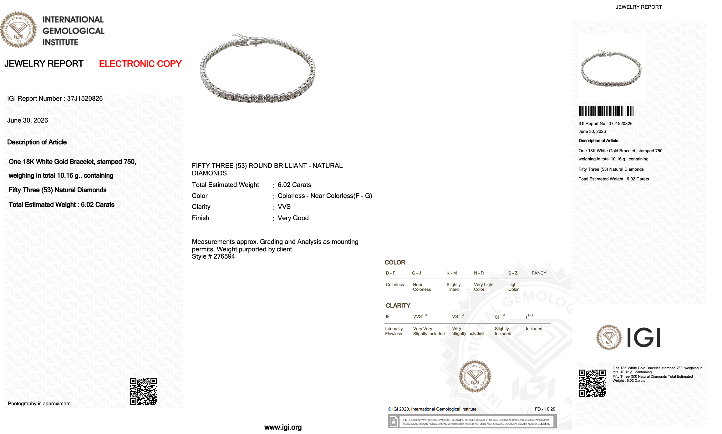 6.02 Carats IGI Certified Natural Diamonds 18k White Gold Tennis Bracelet
