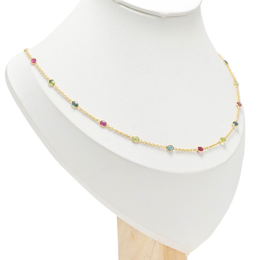 Ablaze 0.64ct Rubies accented by 1.28ct Blue and Green Sapphires Necklace in 18K Yellow Gold