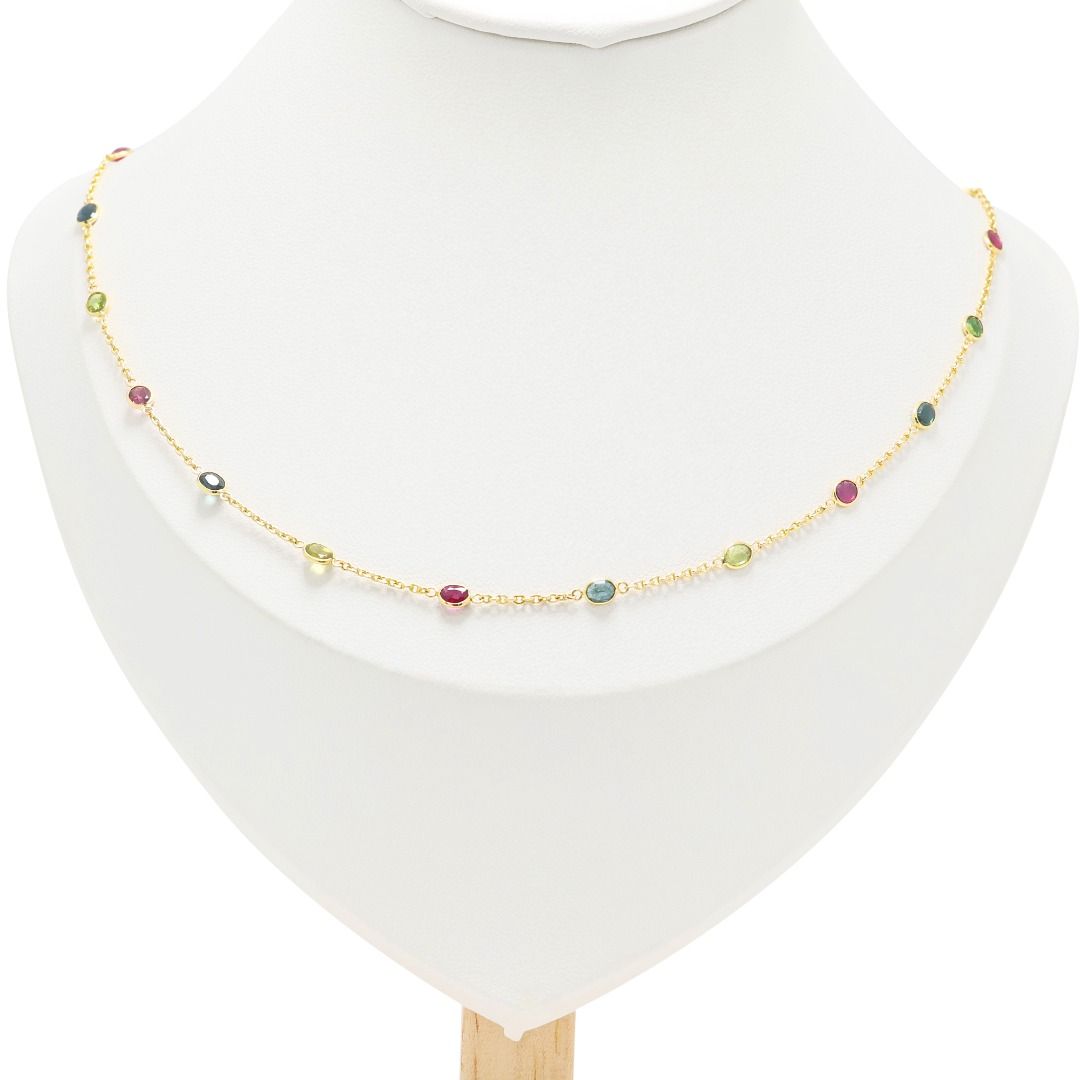 Ablaze 0.64ct Rubies accented by 1.28ct Blue and Green Sapphires Necklace in 18K Yellow Gold