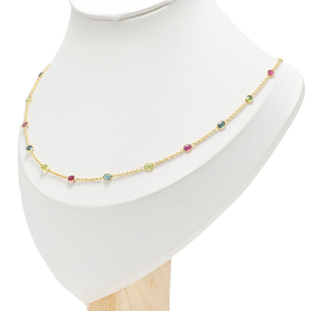 Ablaze 0.64ct Rubies accented by 1.28ct Blue and Green Sapphires Necklace in 18K Yellow Gold
