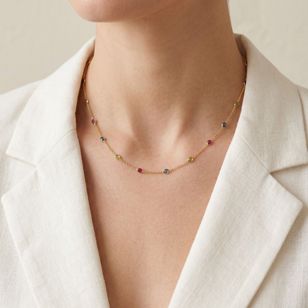 Ablaze 0.64ct Rubies accented by 1.28ct Blue and Green Sapphires Necklace in 18K Yellow Gold