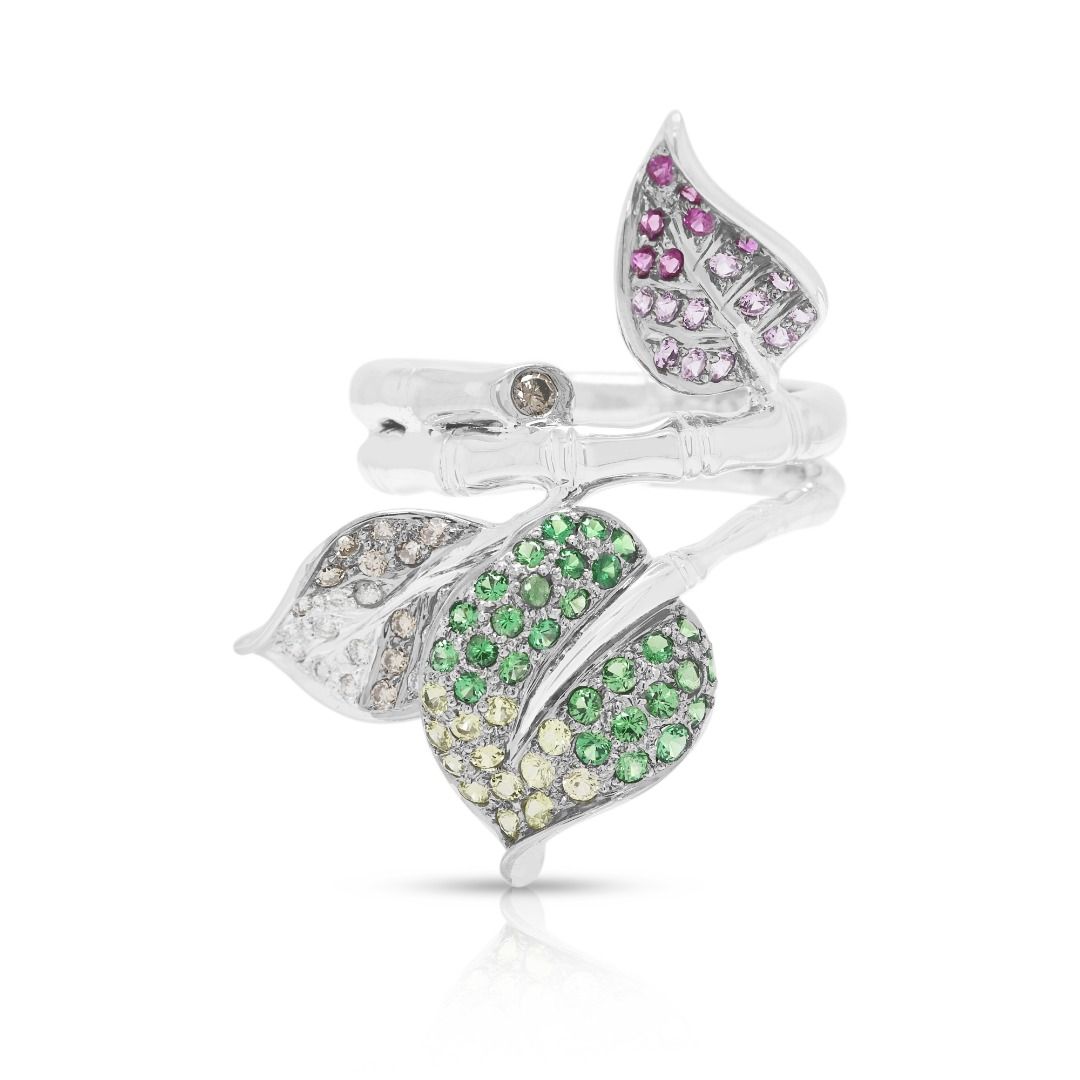 Artful 1.22ct Sapphire, Tsavorite & Diamond Designer Ring in 18K White Gold