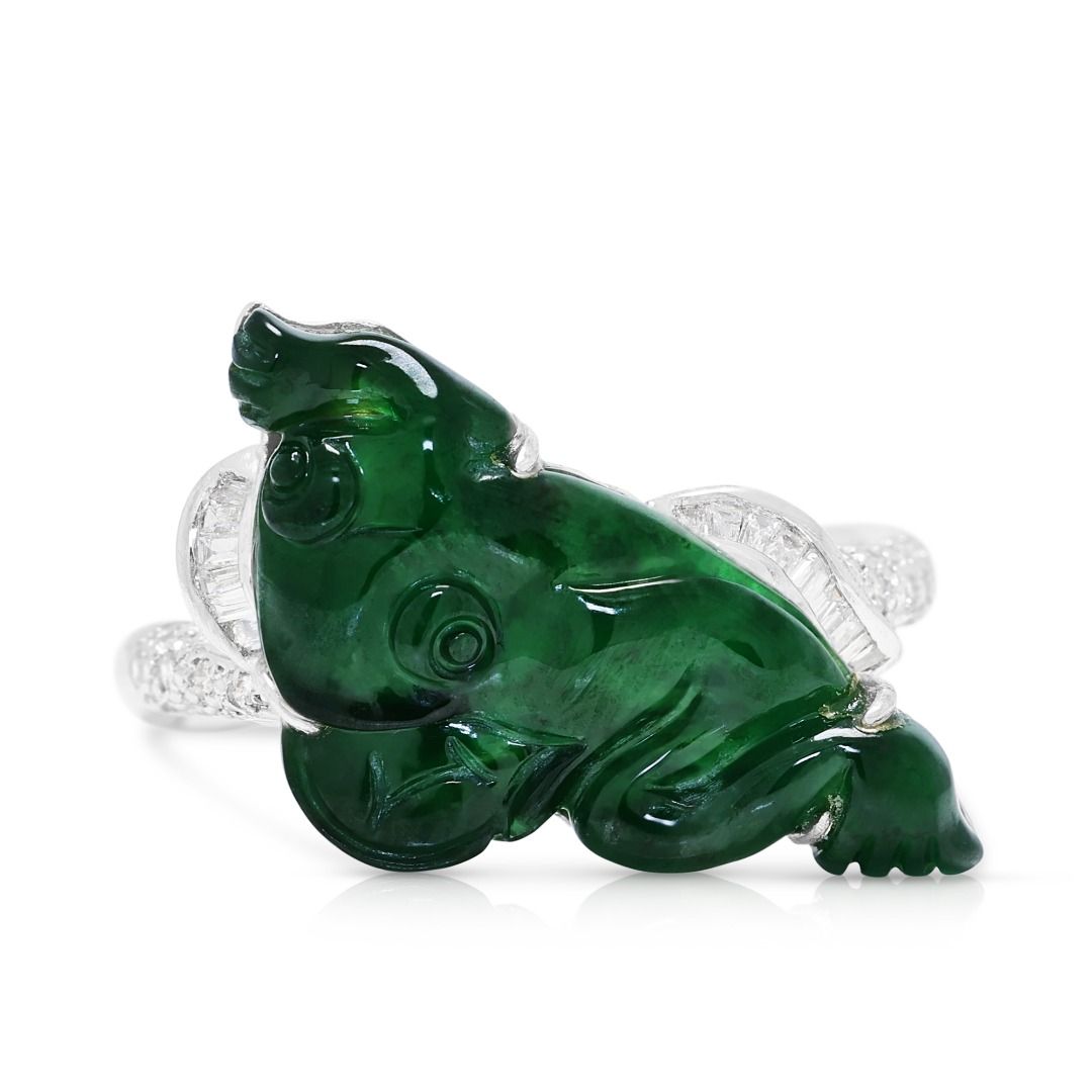 Artistic 0.18ct Natural Diamond and Carved Imperial Jade Ring in 18K White Gold