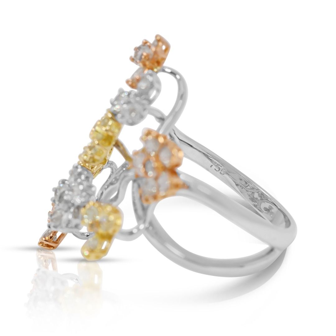 Artistic 1.08ct Natural Diamond Floral Branch Ring in 18K Tri-Color Gold