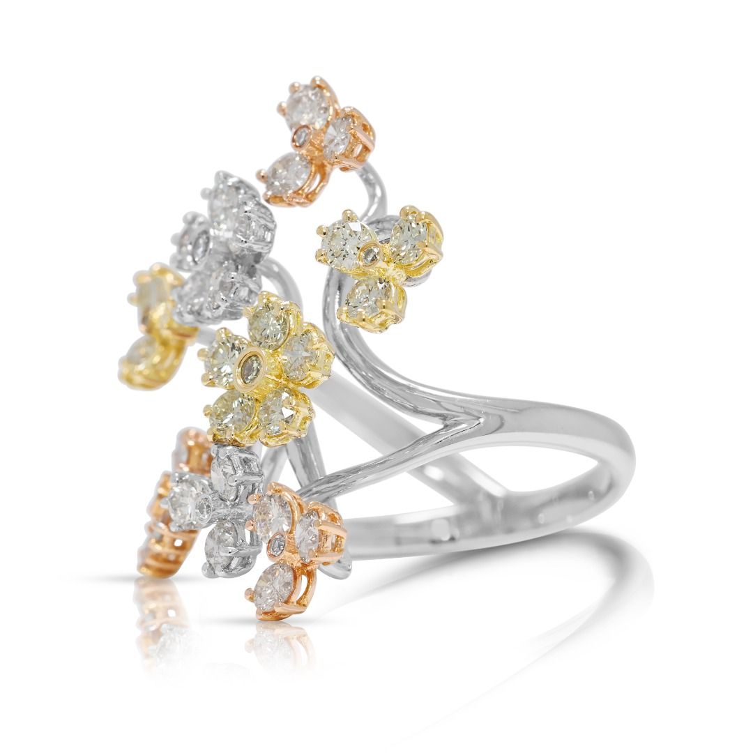 Artistic 1.08ct Natural Diamond Floral Branch Ring in 18K Tri-Color Gold