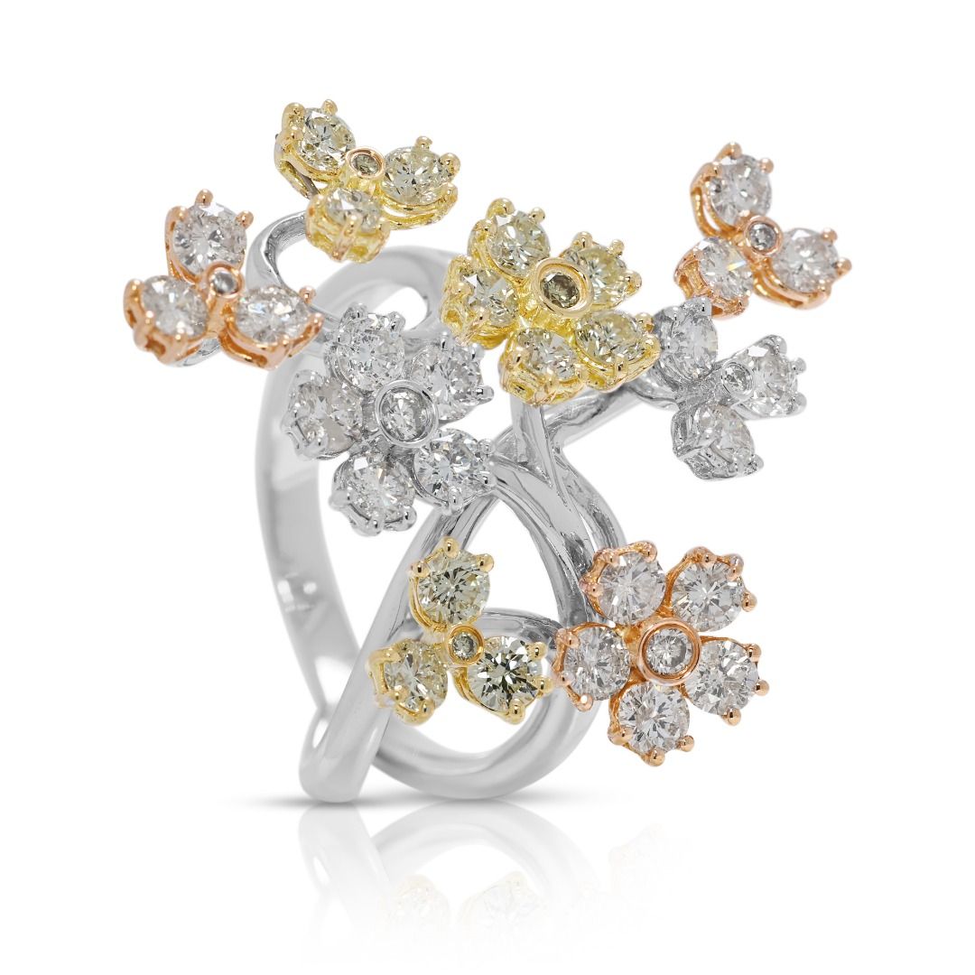 Artistic 1.08ct Natural Diamond Floral Branch Ring in 18K Tri-Color Gold