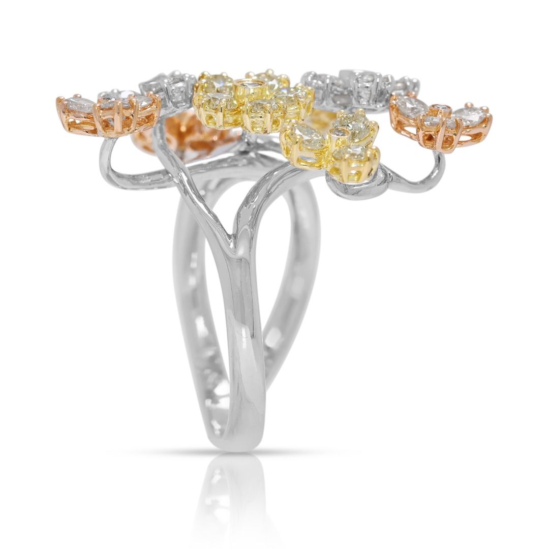 Artistic 1.08ct Natural Diamond Floral Branch Ring in 18K Tri-Color Gold