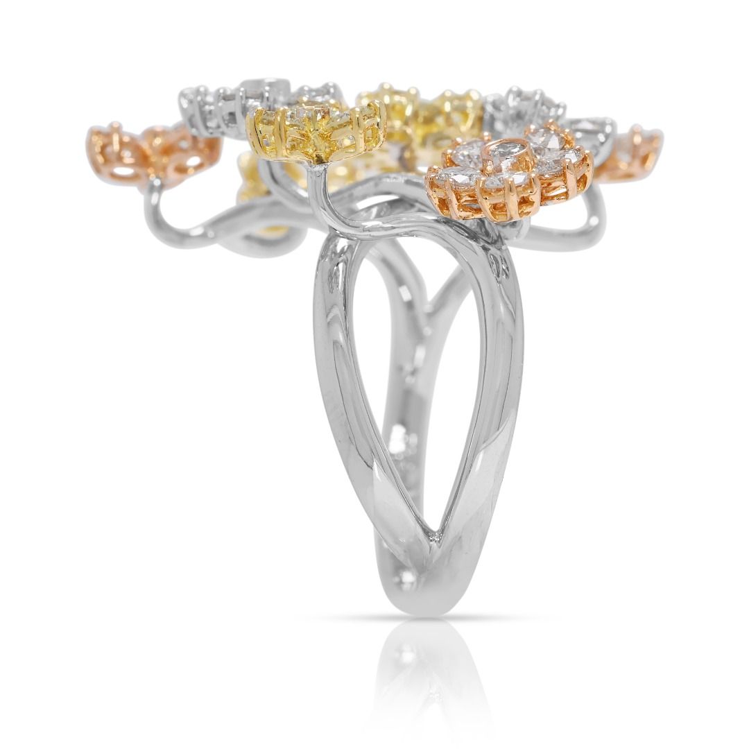 Artistic 1.08ct Natural Diamond Floral Branch Ring in 18K Tri-Color Gold