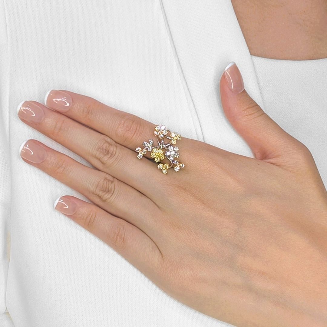 Artistic 1.08ct Natural Diamond Floral Branch Ring in 18K Tri-Color Gold