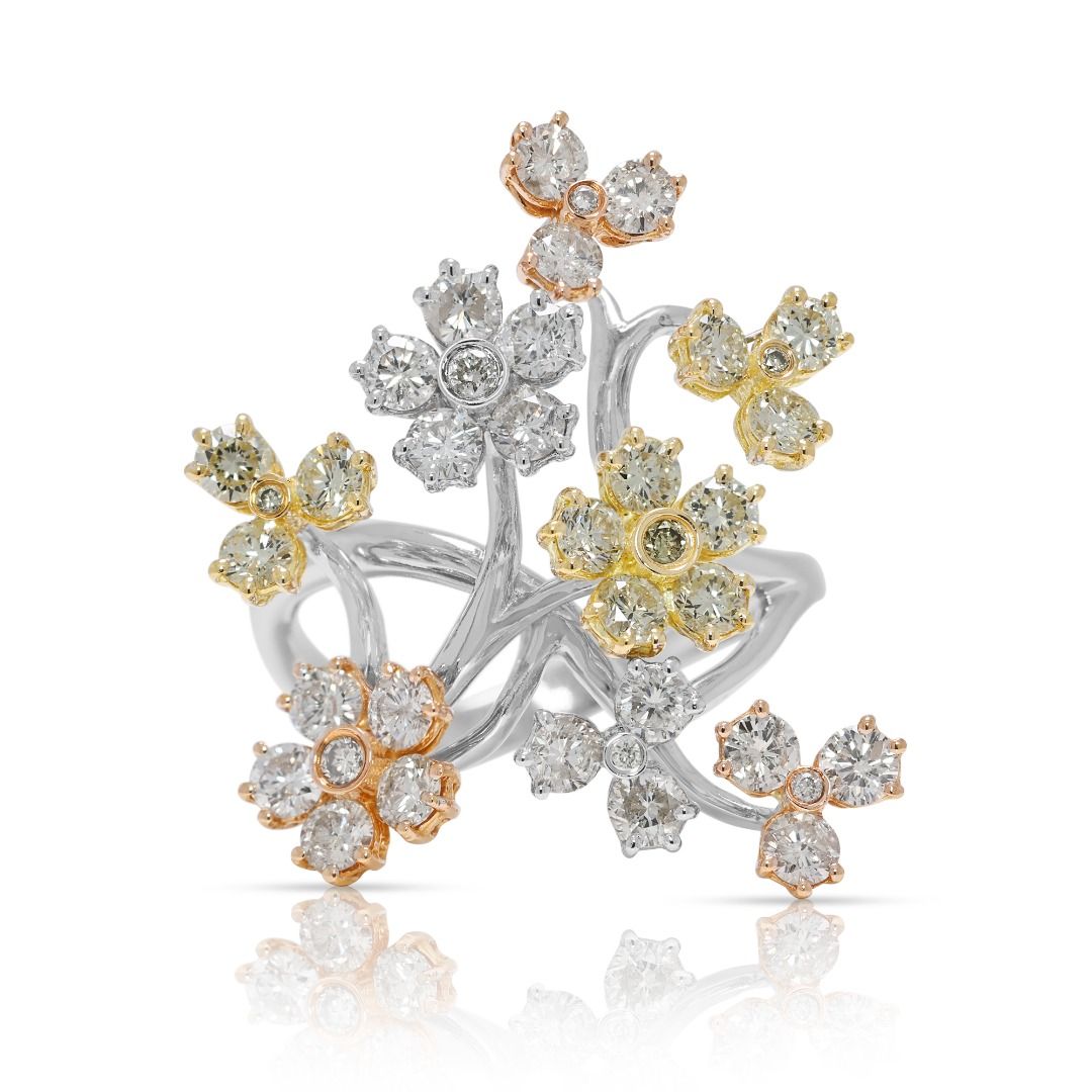 Artistic 1.08ct Natural Diamond Floral Branch Ring in 18K Tri-Color Gold