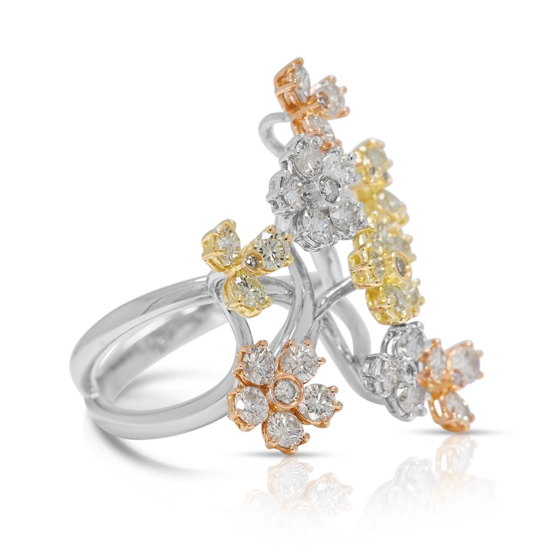 Artistic 1.08ct Natural Diamond Floral Branch Ring in 18K Tri-Color Gold