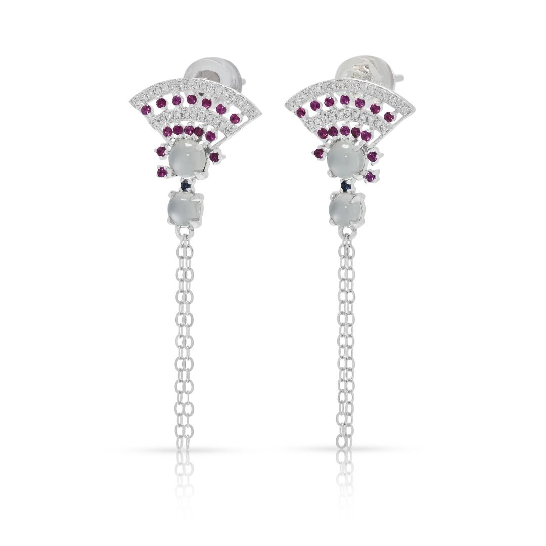 Artistic Multi-Stone Jade, Sapphire and Diamond Drop Earrings in 18K White Gold
