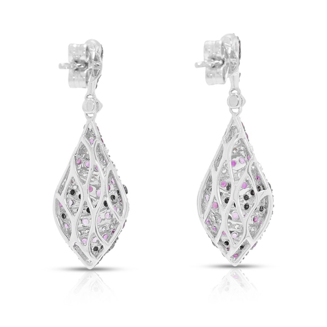 Avant-Garde 1.48ct Pink Ruby and Black Diamond Drop Earrings in 18K White Gold