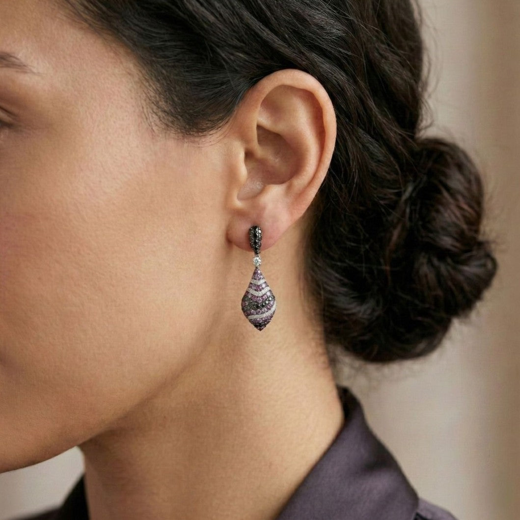 Avant-Garde 1.48ct Pink Ruby and Black Diamond Drop Earrings in 18K White Gold