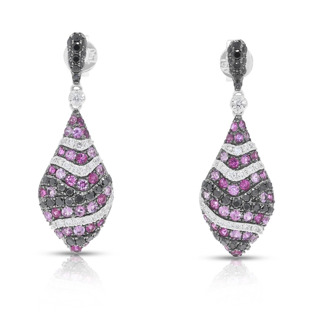 Avant-Garde 1.48ct Pink Ruby and Black Diamond Drop Earrings in 18K White Gold