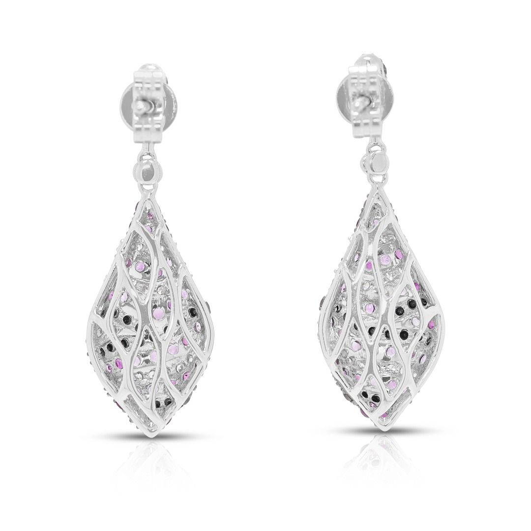 Avant-Garde 1.48ct Pink Ruby and Black Diamond Drop Earrings in 18K White Gold