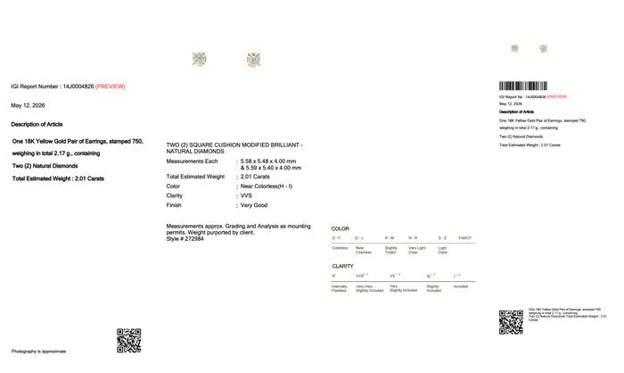 2.01 Carats IGI Certified Natural Diamond 18K Yellow Gold Stud Earrings