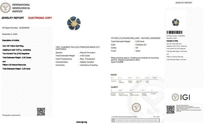 Beautiful 4.20ct Sapphires and Diamonds Cocktail Ring in 14k Yellow Gold - IGI Certified