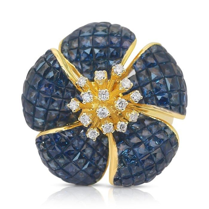 Beautiful 4.20ct Sapphires and Diamonds Cocktail Ring in 14k Yellow Gold - IGI Certified