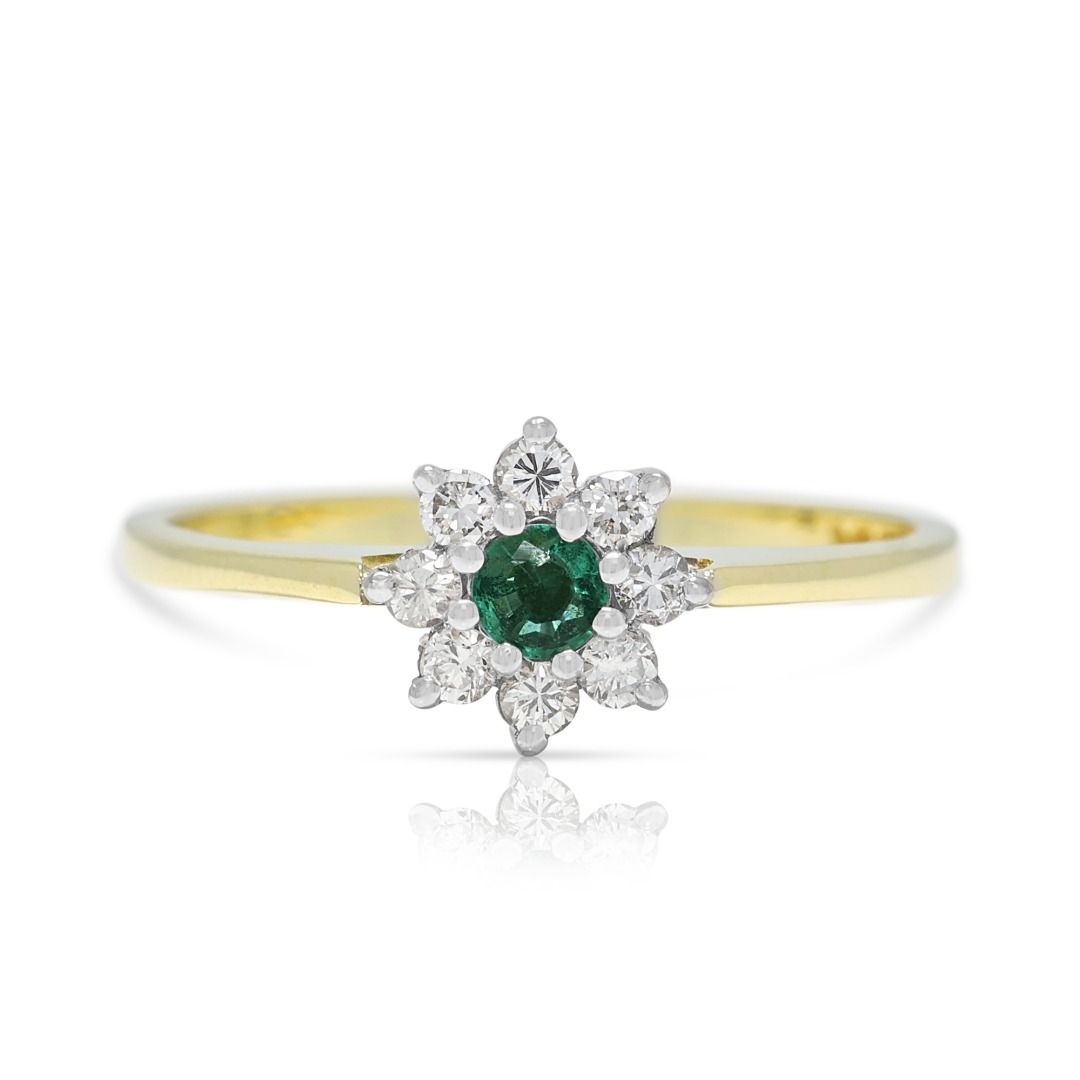 Blooming 0.22ct Emerald & Diamond Floral Ring in 18K Two-Tone Gold