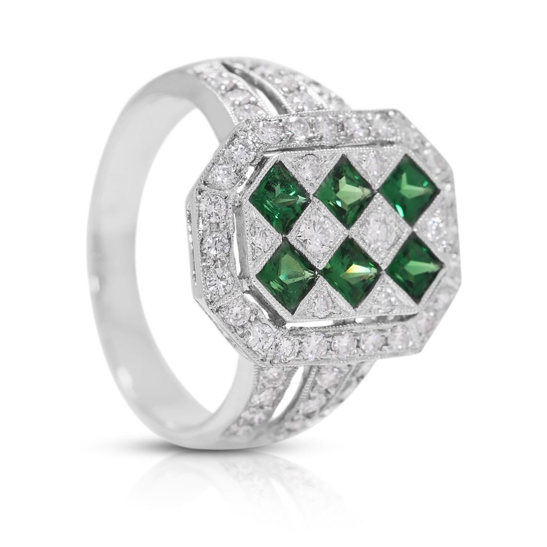 Bold 0.88ct Tsavorite & Diamond Ring in 18K White Gold