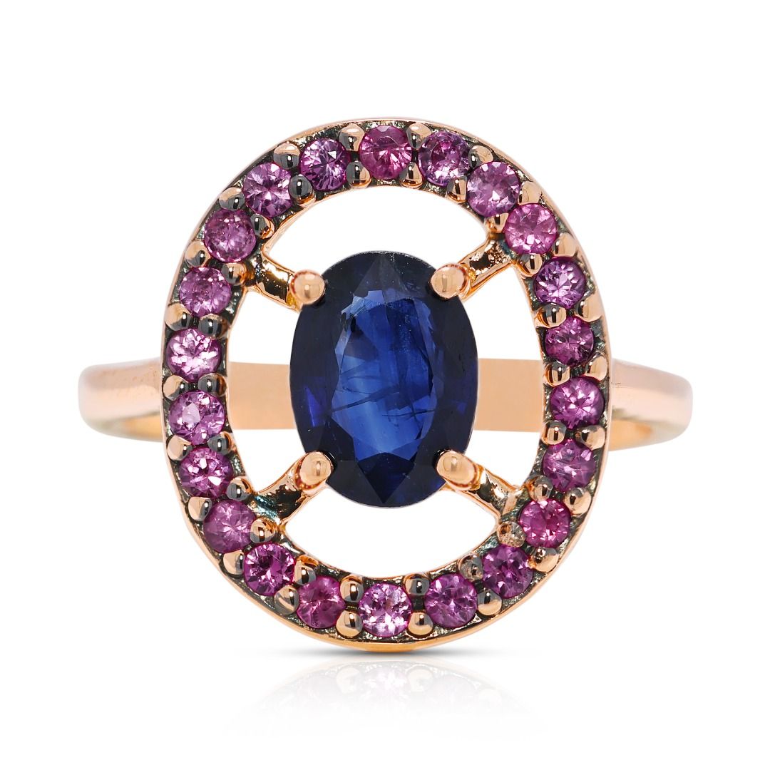 Bold 1.61ct Sapphire & Ruby Halo Ring in 14K Rose Gold