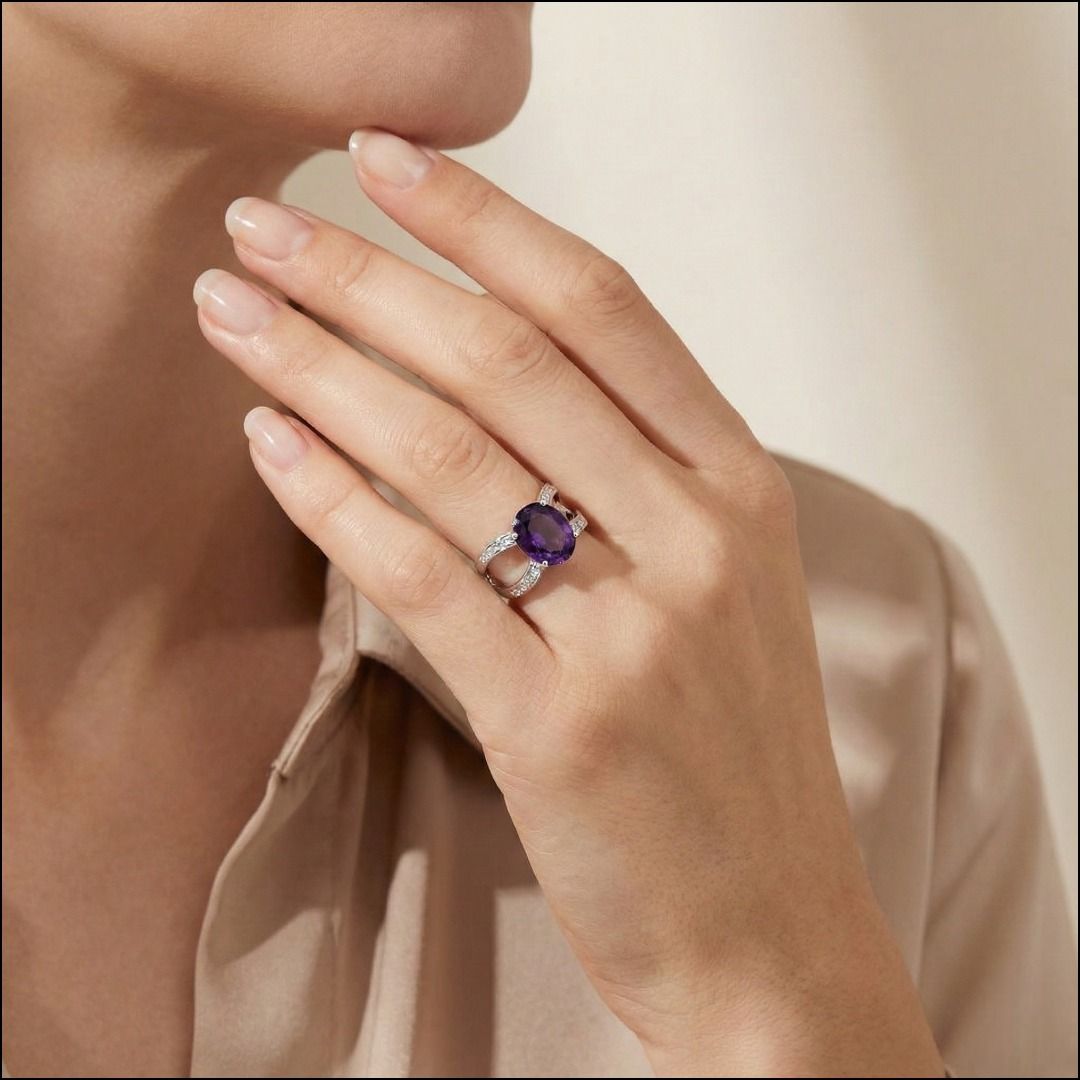 Bold 4.78ct Natural Amethyst and Diamond Ring in 18K White Gold