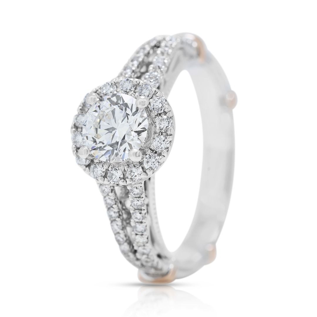 Breathtaking 0.88ct Halo Diamond Ring in 18K Two-Toned Gold - GIA Certified