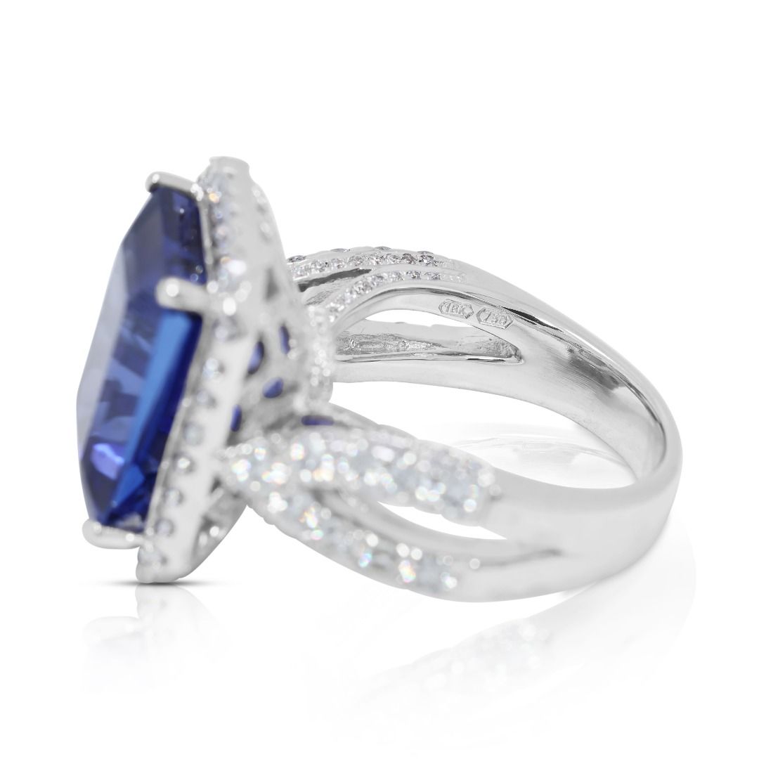 Breathtaking 12.68ct Emerald-Cut Tanzanite and Diamond 18k White Gold Statement Ring