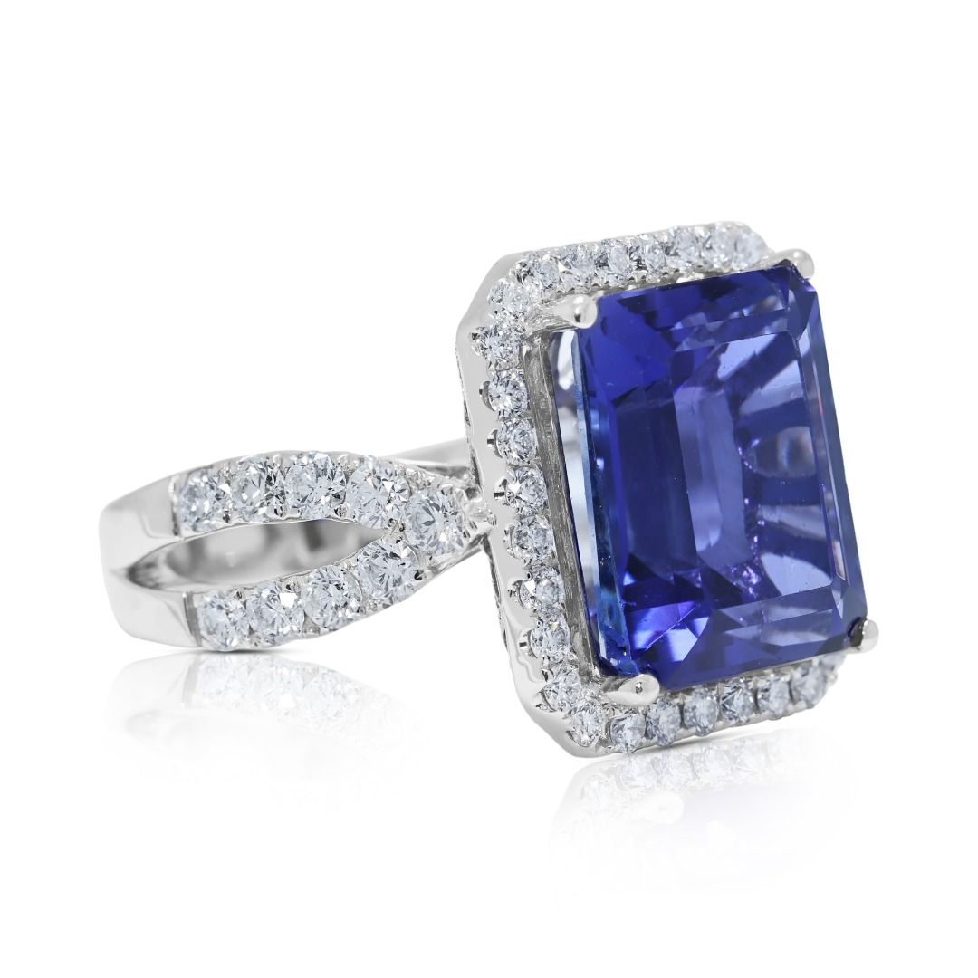 Breathtaking 12.68ct Emerald-Cut Tanzanite and Diamond 18k White Gold Statement Ring