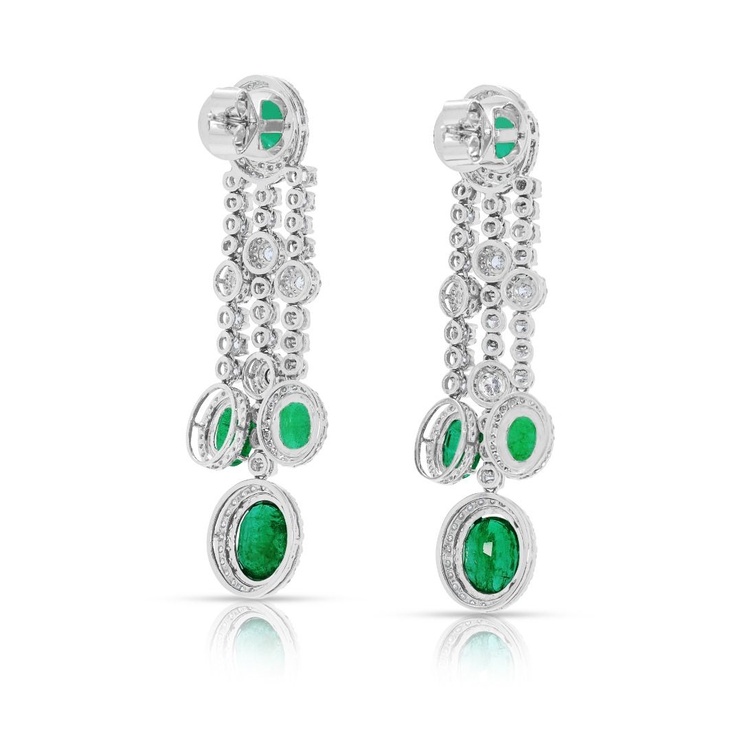 Breathtaking 9.88ct Emerald and Diamond Halo Drop 18k White Gold Earrings (New) - NGI Certified