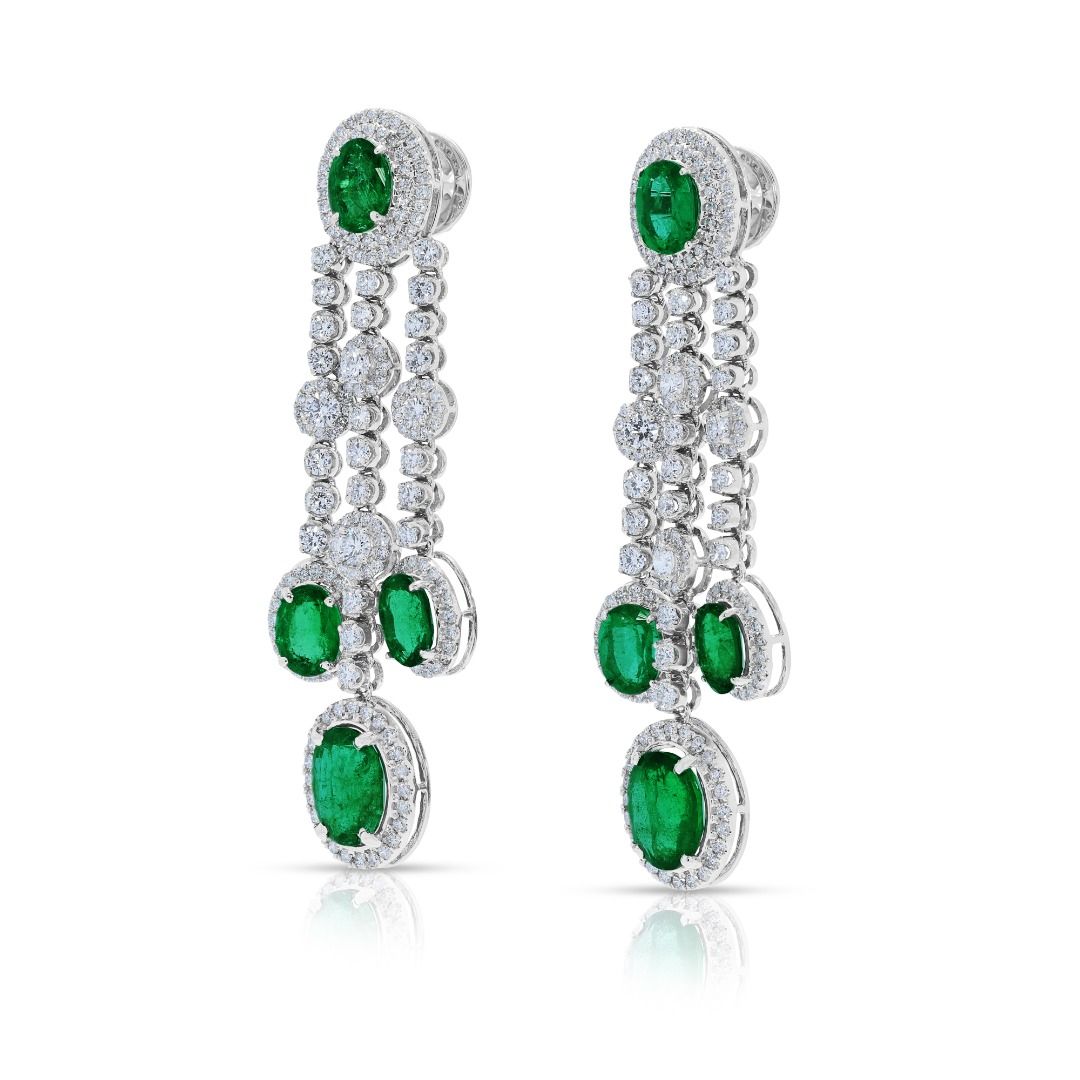 Breathtaking 9.88ct Emerald and Diamond Halo Drop 18k White Gold Earrings (New) - NGI Certified