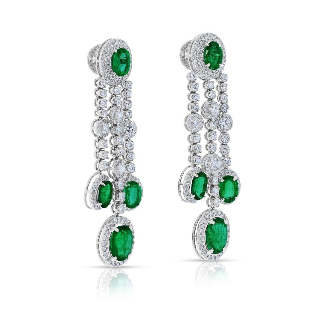 Breathtaking 9.88ct Emerald and Diamond Halo Drop 18k White Gold Earrings (New) - NGI Certified