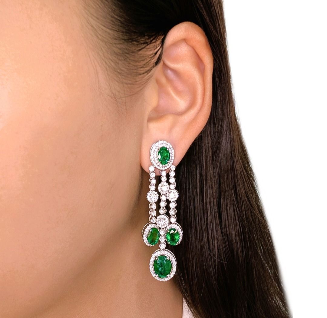 Breathtaking 9.88ct Emerald and Diamond Halo Drop 18k White Gold Earrings (New) - NGI Certified