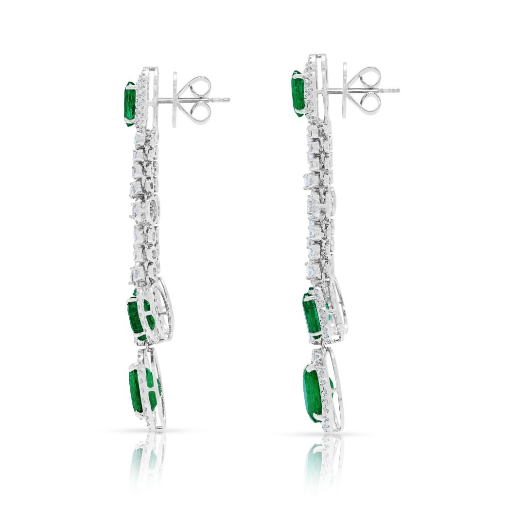 Breathtaking 9.88ct Emerald and Diamond Halo Drop 18k White Gold Earrings (New) - NGI Certified