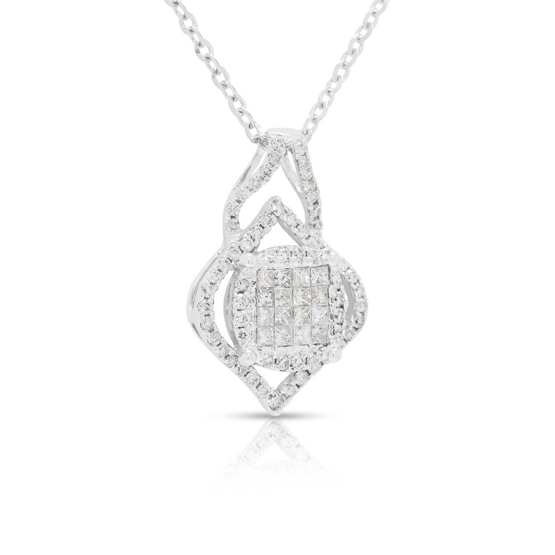Brilliant 1.13ct Princess-Cut and Round Diamonds Cluster Necklace in 18K White Gold (New)